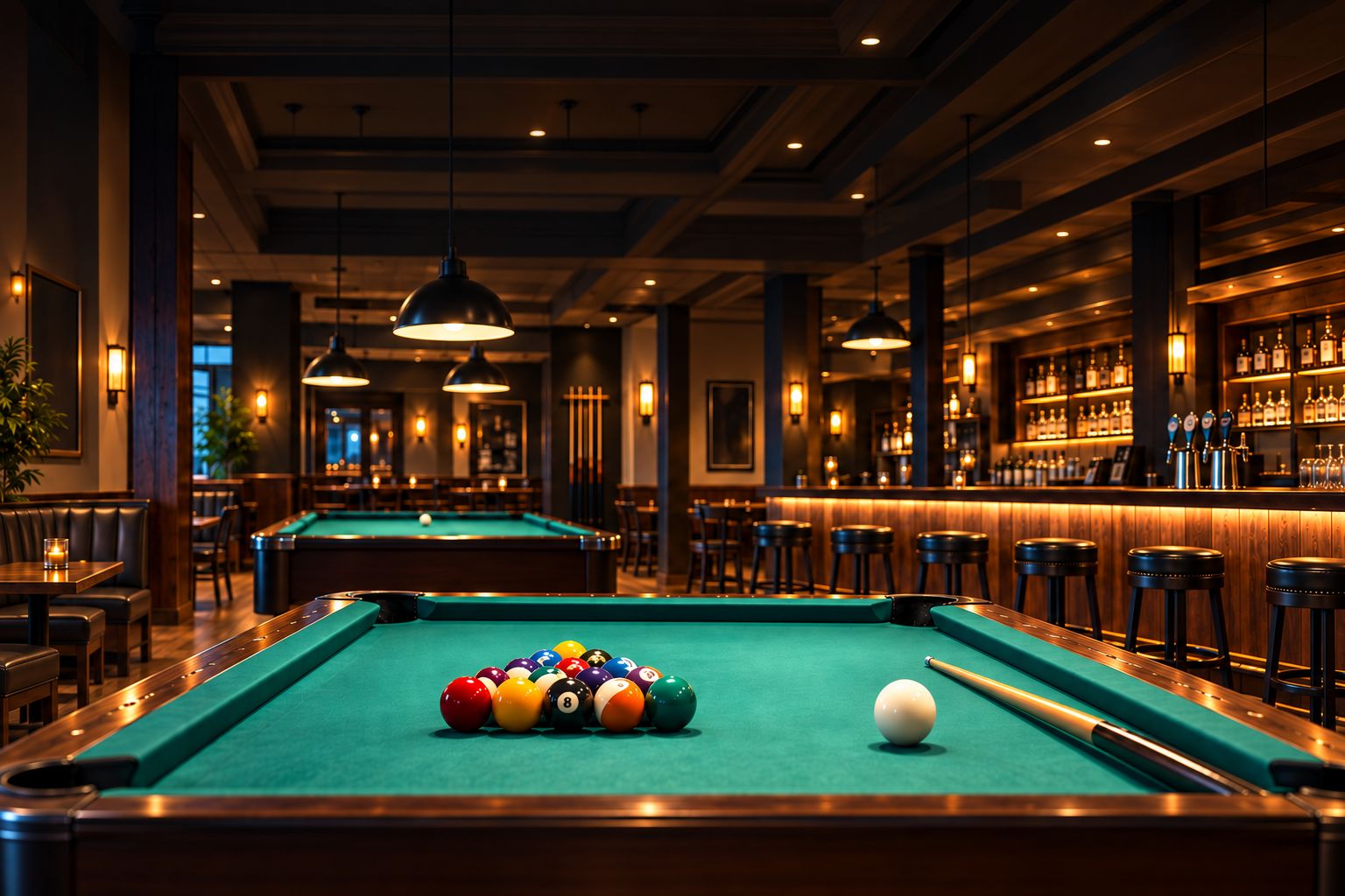Long bar with stools beside pool tables
